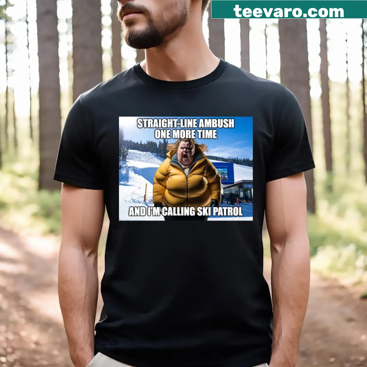 Funny ski-themed T-shirt with humorous text — on a men's t-shirt