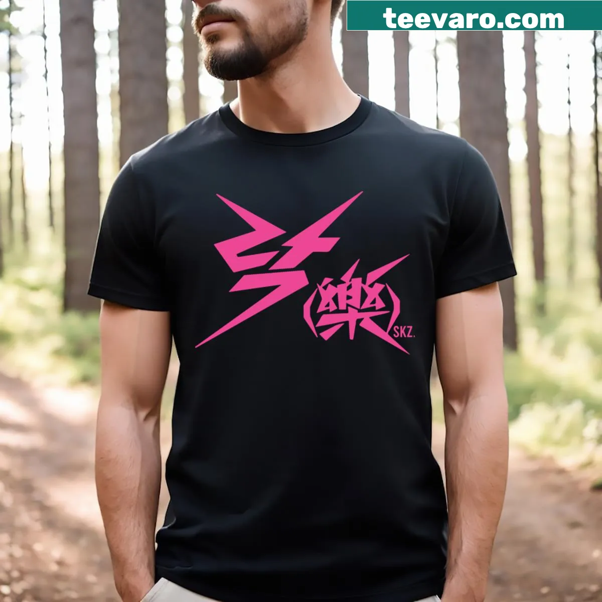 Stray Kids K-pop T-shirt with bold band name — on a men's t-shirt