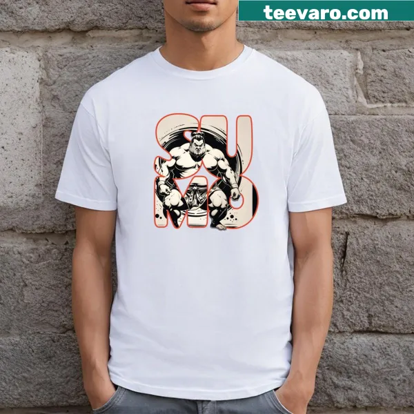 Sumo wrestling themed t-shirt featuring a dynamic sumo wrestler illustration