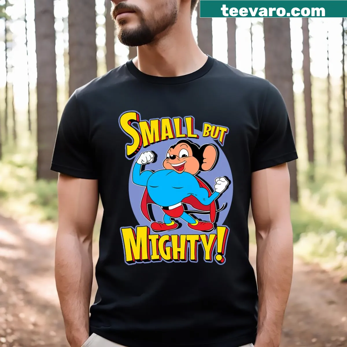 Playful cartoon superhero mouse in a cape T-shirt — on a men's t-shirt