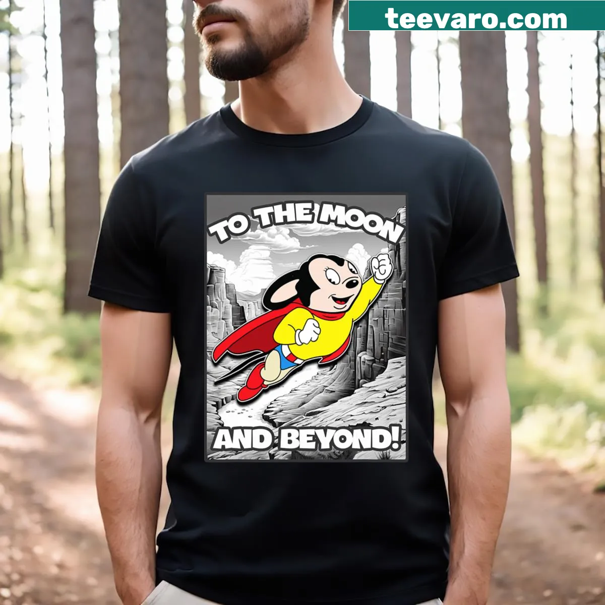 Cartoon mouse aiming for the moon with a Grand Canyon backdrop — on a men's t-shirt