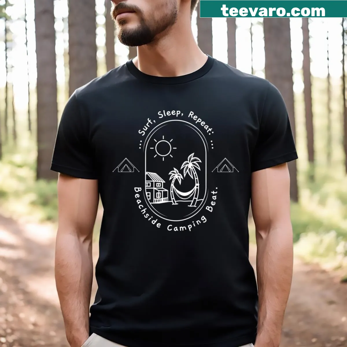Beach-themed Surf Sleep Repeat T-shirt with typography design — on a men's t-shirt