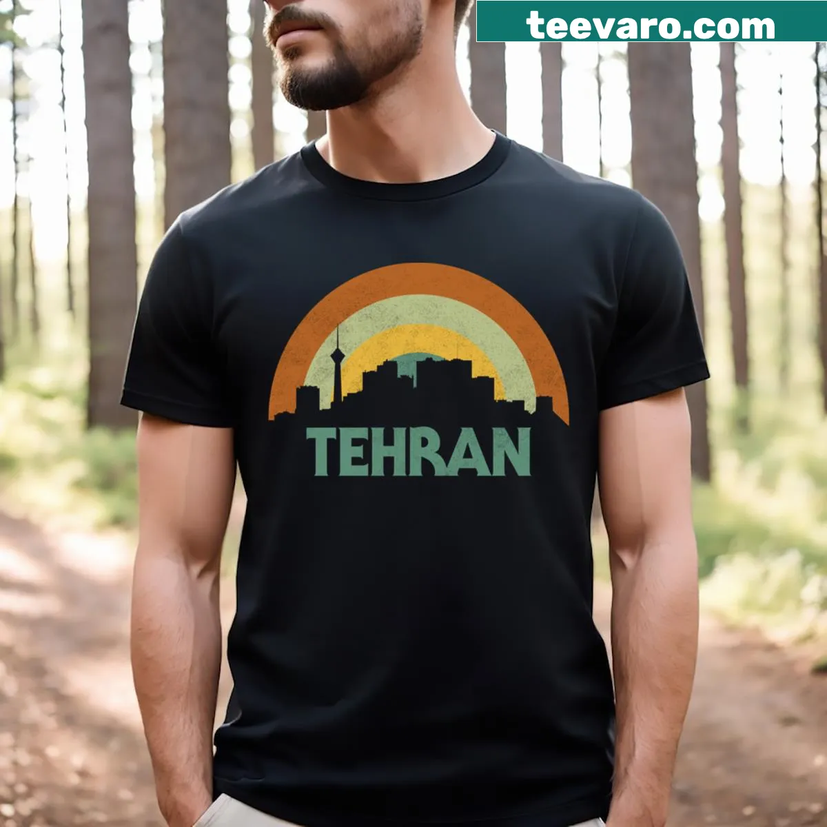 Retro T-shirt featuring Tehran city skyline graphic — on a men's t-shirt