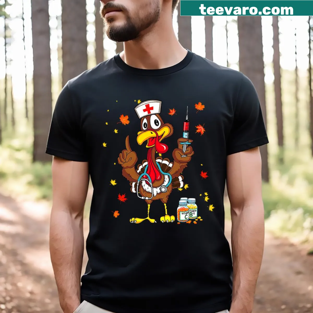 Cute turkey design with nurse elements for Thanksgiving nursing — on a men's t-shirt