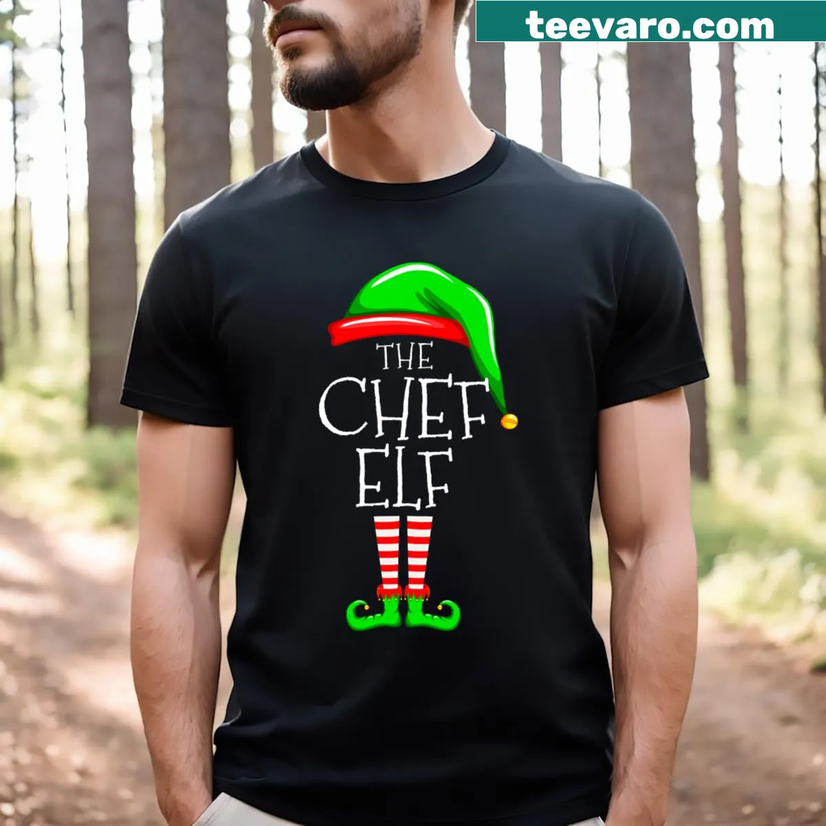 Christmas T-shirt featuring a chef elf design for family matching — on a men's t-shirt