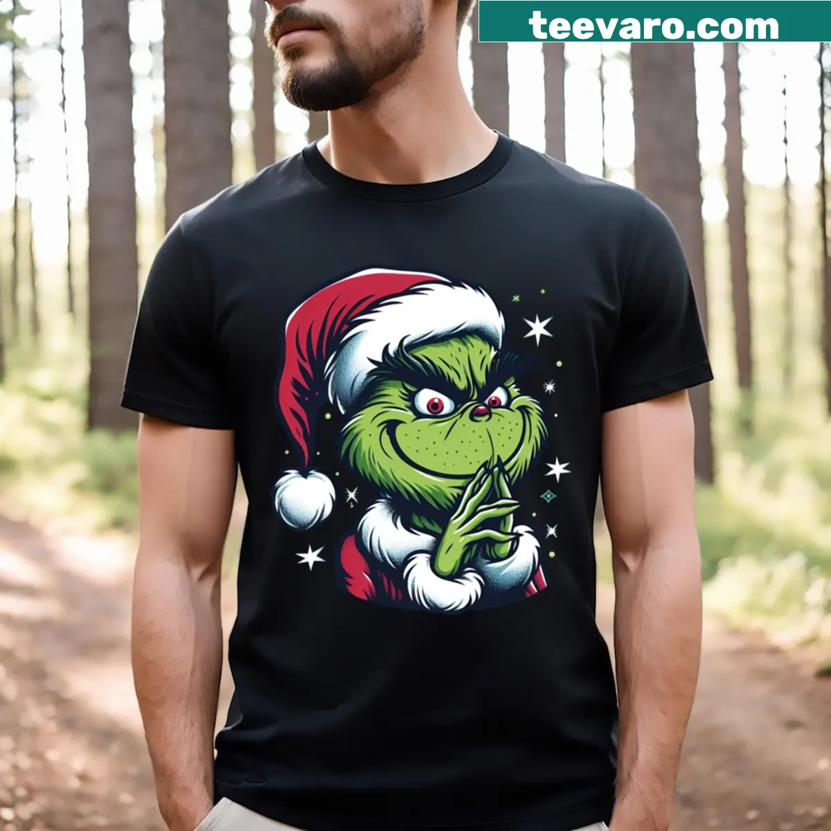 Humorous Grinch illustrated t-shirt for the Christmas season — on a men's t-shirt