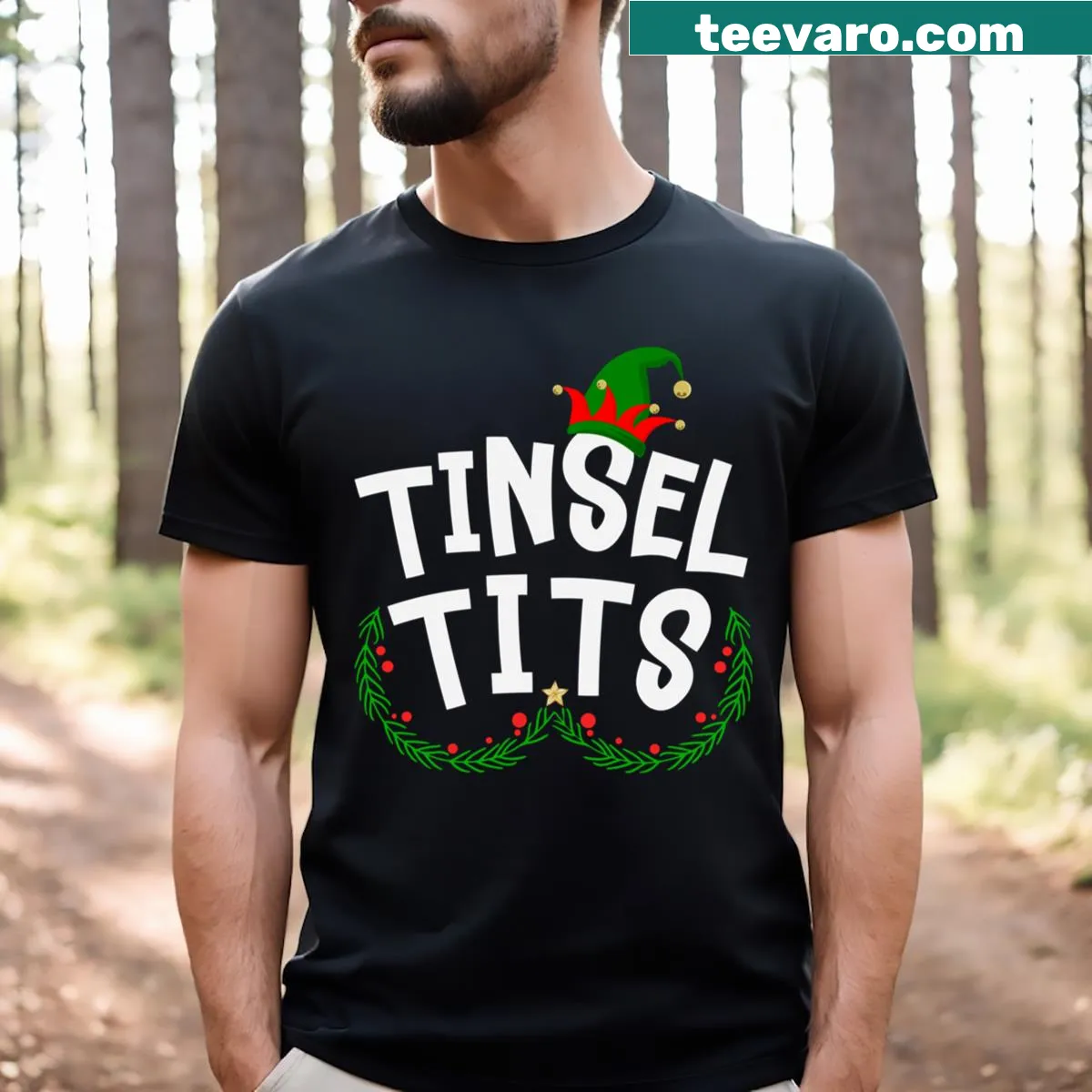 Matching Christmas couple T-shirts with playful phrases for festive humor — on a men's t-shirt