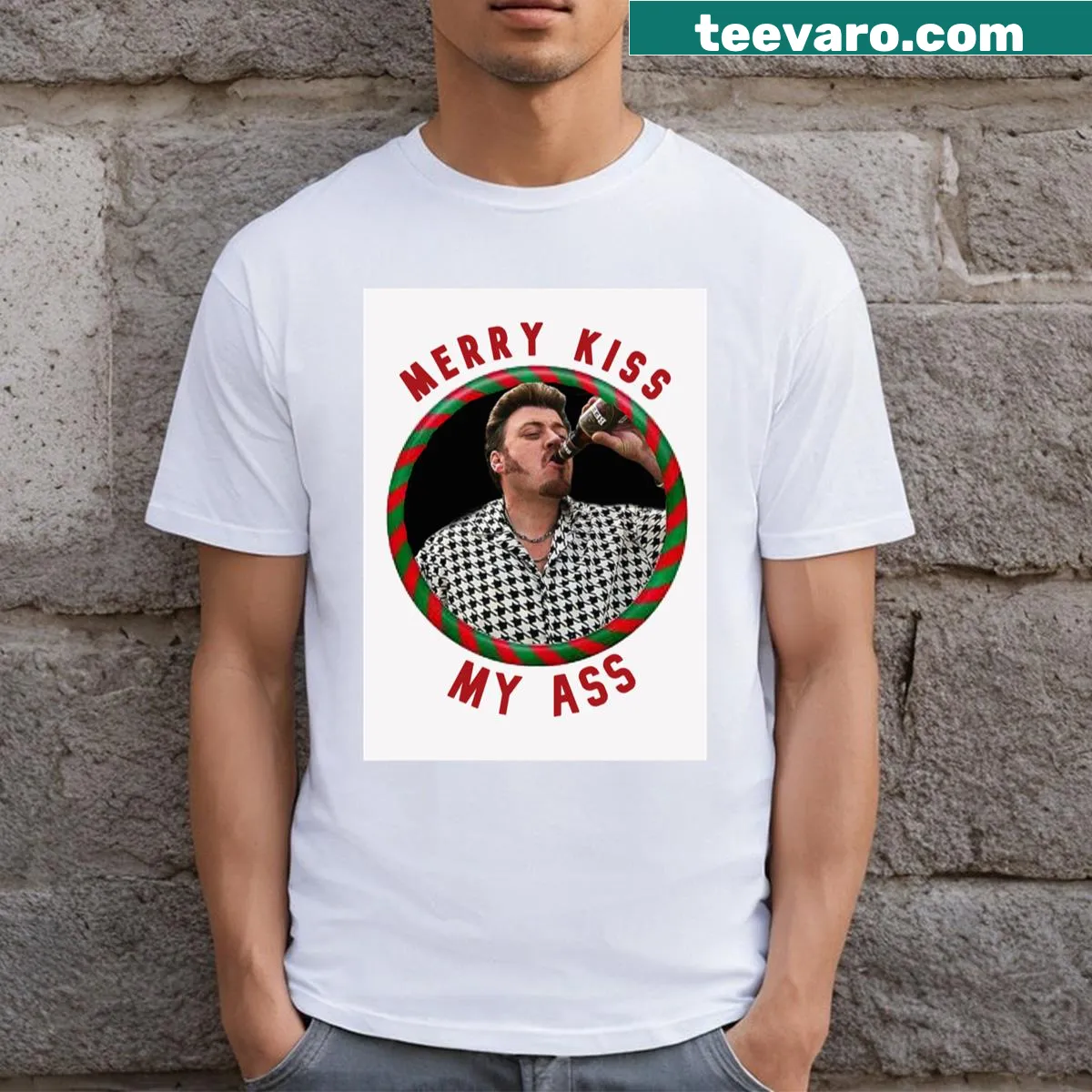 Funny Christmas T-shirt with trailer park theme graphic — on a men's t-shirt