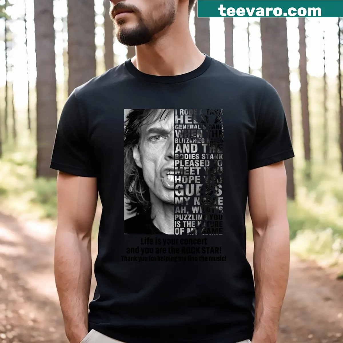 Vintage-inspired T-shirt featuring iconic musical instruments and band references — on a men's t-shirt