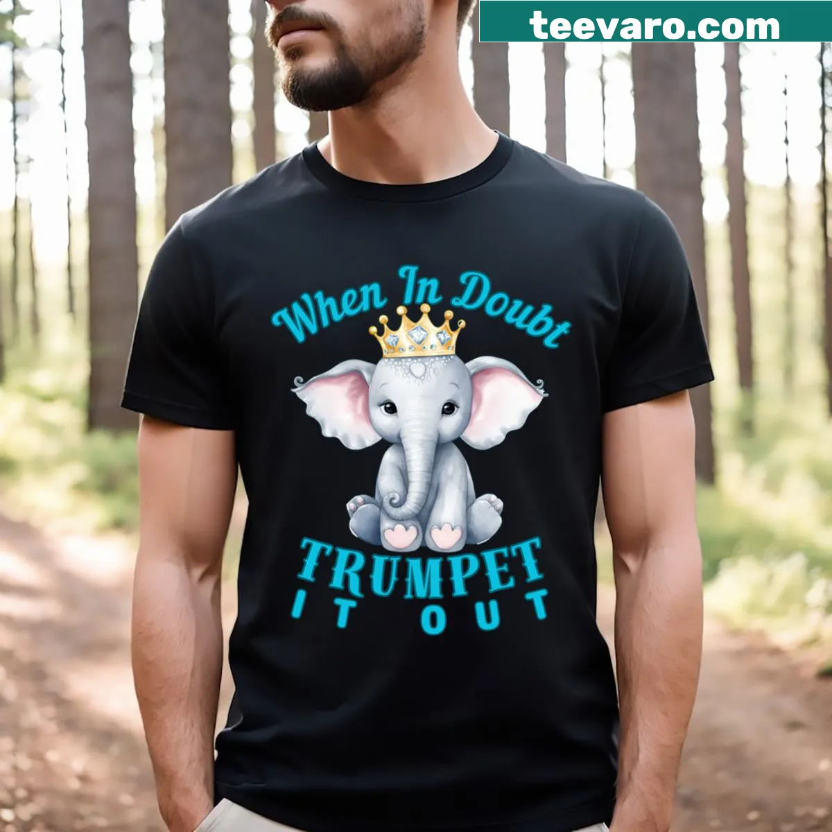 Funny elephant playing trumpet graphic T-shirt — on a men's t-shirt