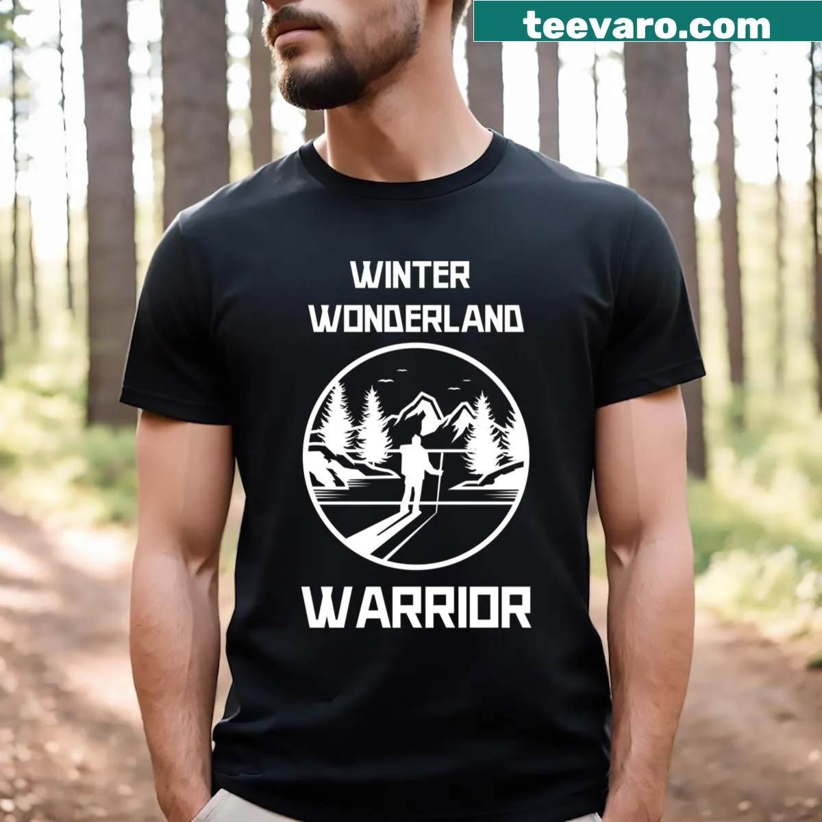 Bold typography T-shirt celebrating winter sports and adventures — on a men's t-shirt