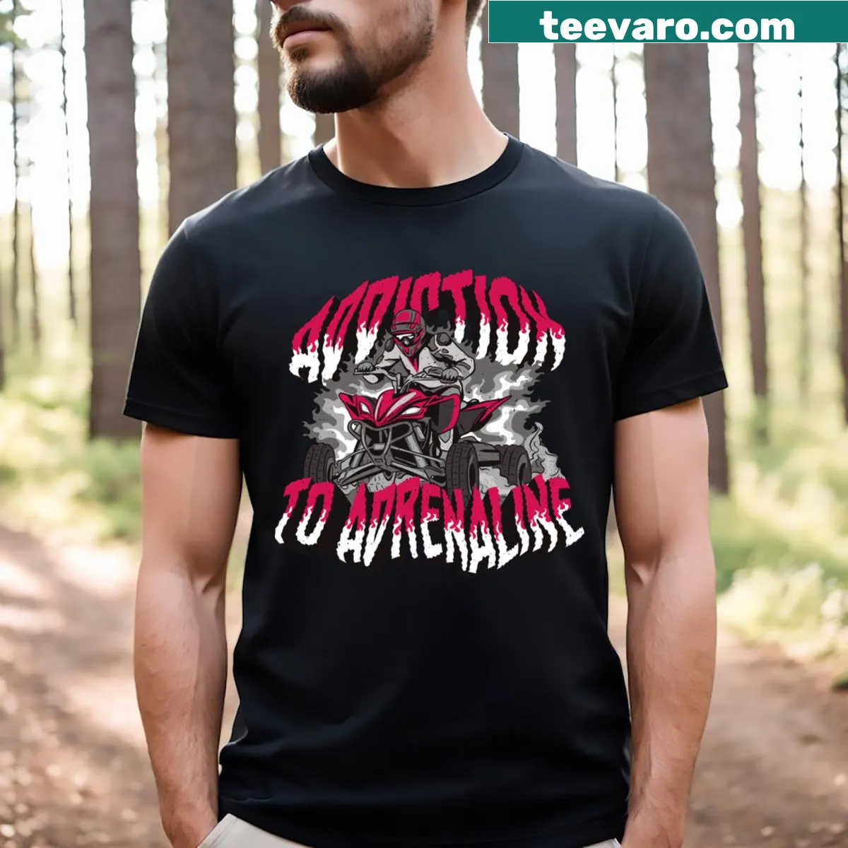 Bold 'Adrenaline Junkie' phrase on a dynamic T-shirt — on a men's t-shirt