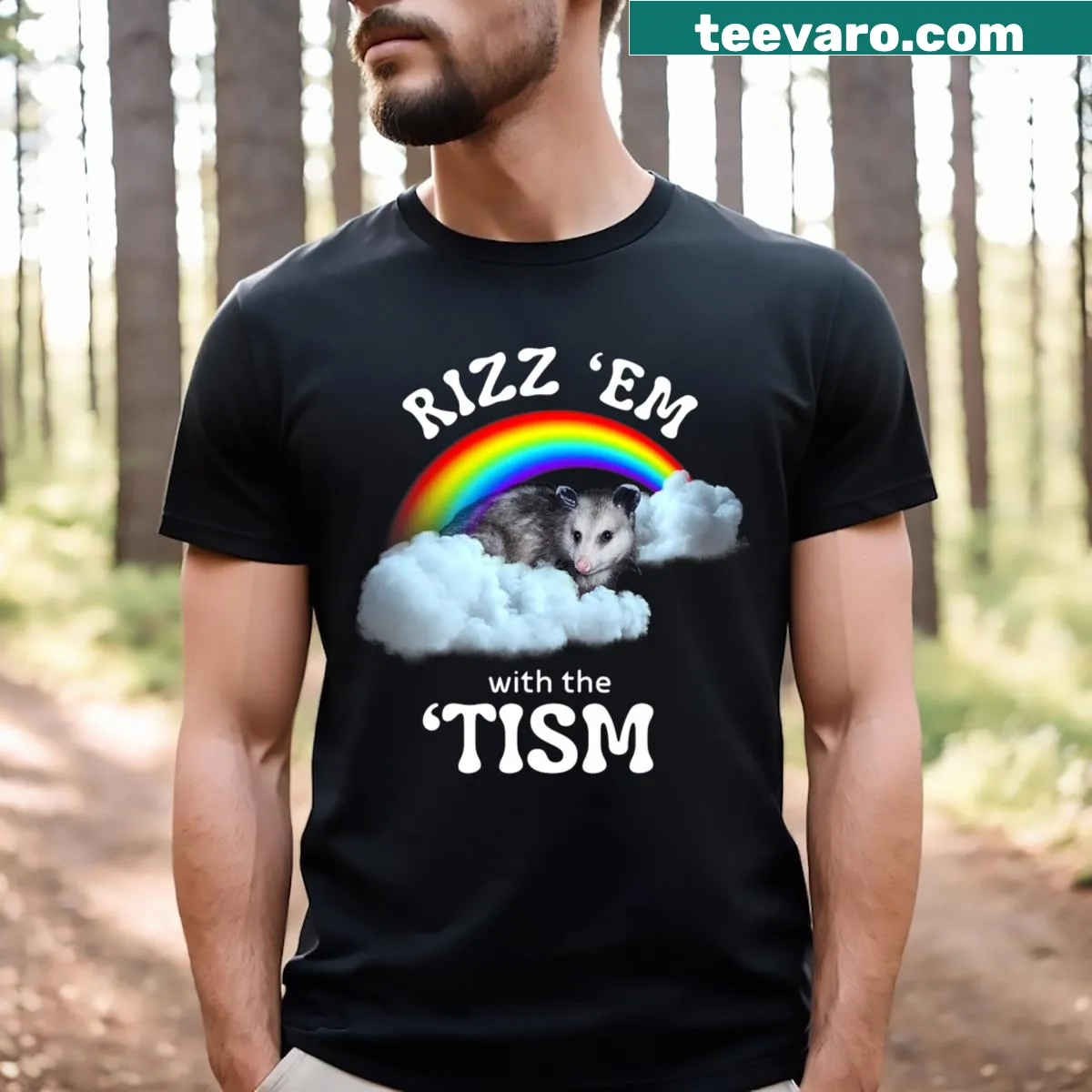 Funny cartoon opossum T-shirt with autism awareness meme — on a men's t-shirt
