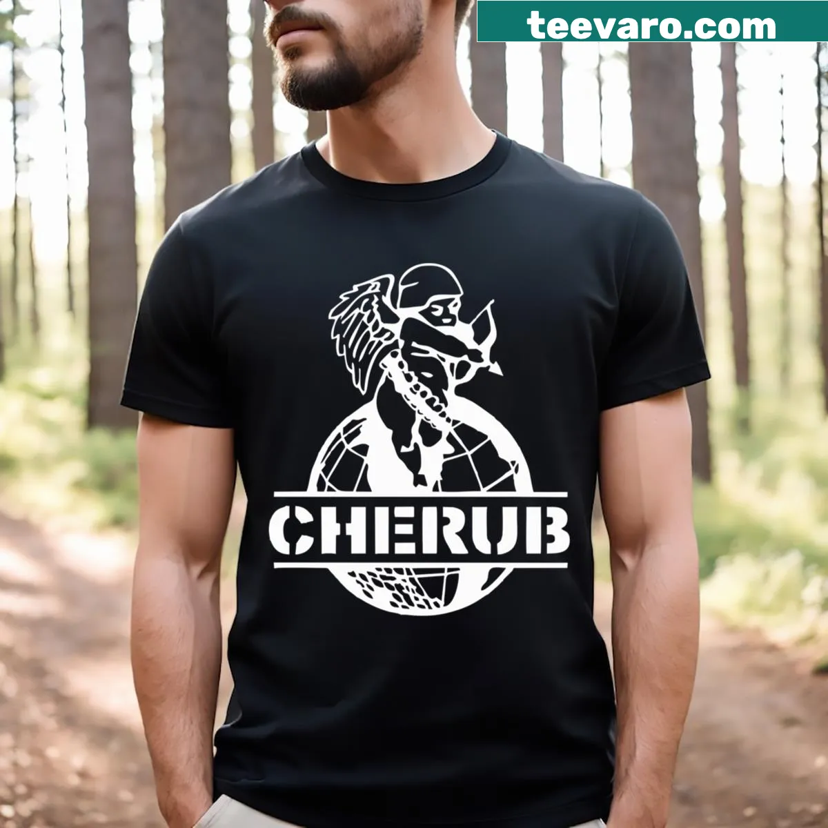 Cherub logo graphic t-shirt for art lovers — on a men's t-shirt