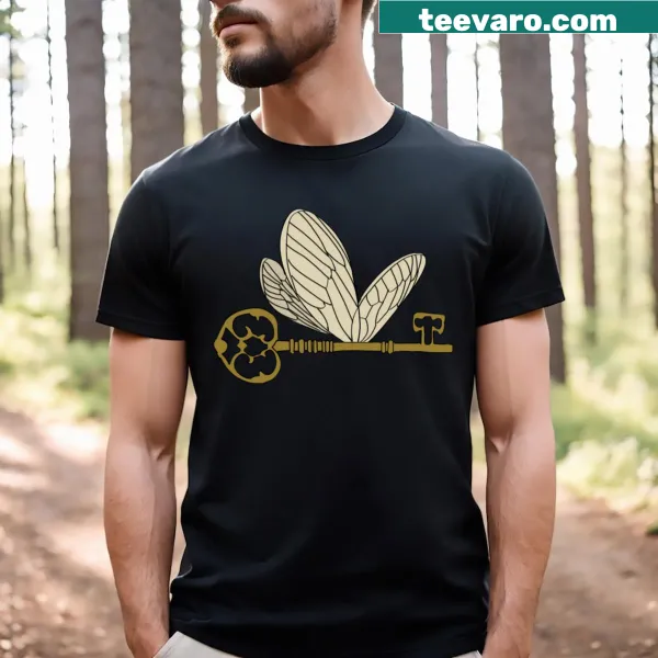 Graphic of a bewitched key with wings on a t-shirt