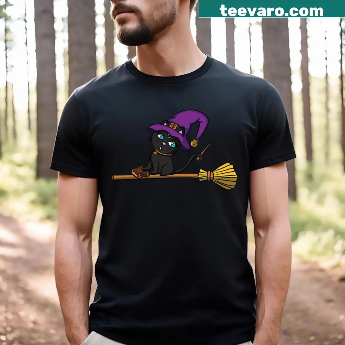 Illustration of a black witch cat on a broom, whimsical design — on a men's t-shirt