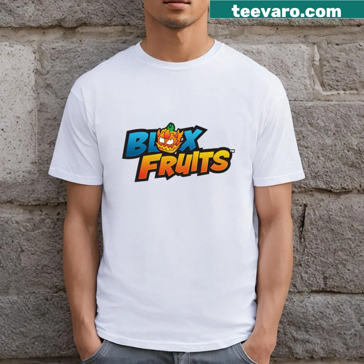 Iconic Blox Fruits logo featured on a t-shirt — on a men's t-shirt