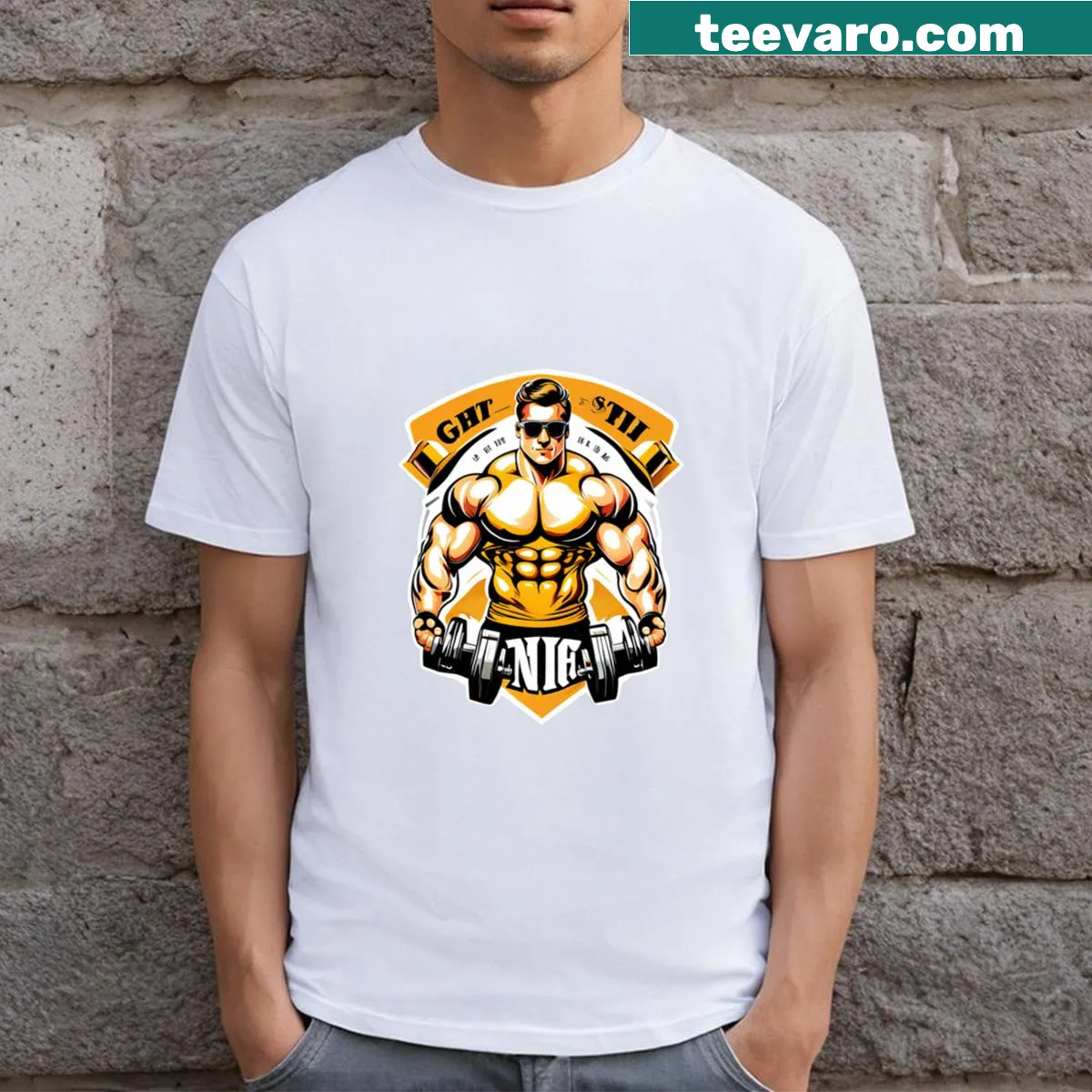 Bodybuilding fitness gym t-shirt with motivating typography — on a men's t-shirt
