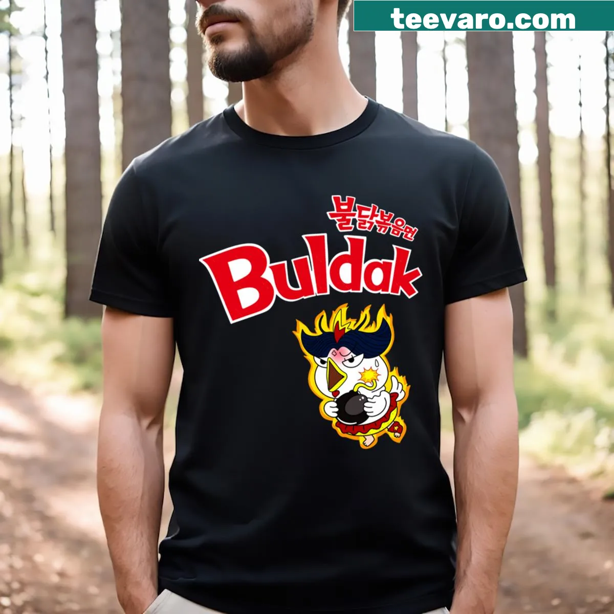 Buldak Ramen Chicken graphic t-shirt with bold text — on a men's t-shirt