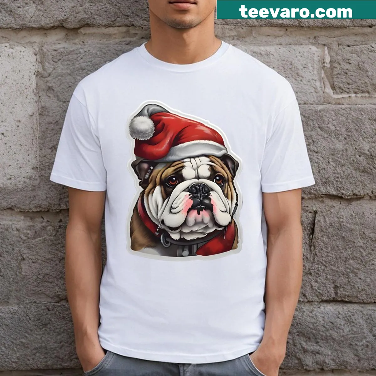 Cartoon bulldog dressed as Santa on T-shirt — on a men's t-shirt