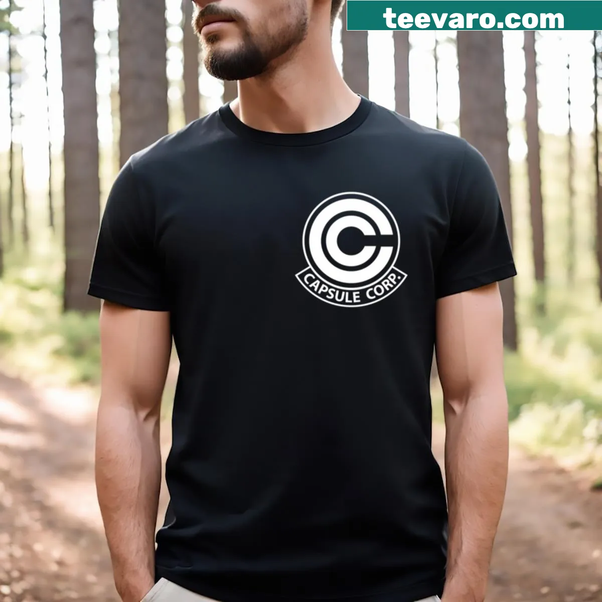 Capsule Corp logo t-shirt for fans — on a men's t-shirt