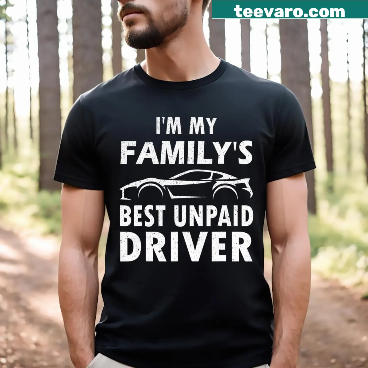 Funny Auto Racing T-shirt with car-themed illustrations — on a men's t-shirt