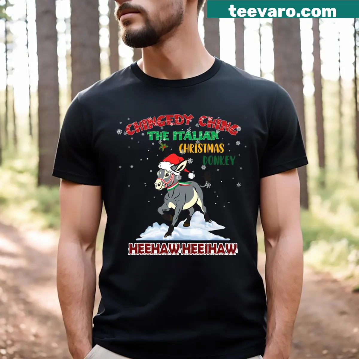 Whimsical Christmas Donkey design on a festive T-shirt. — on a men's t-shirt