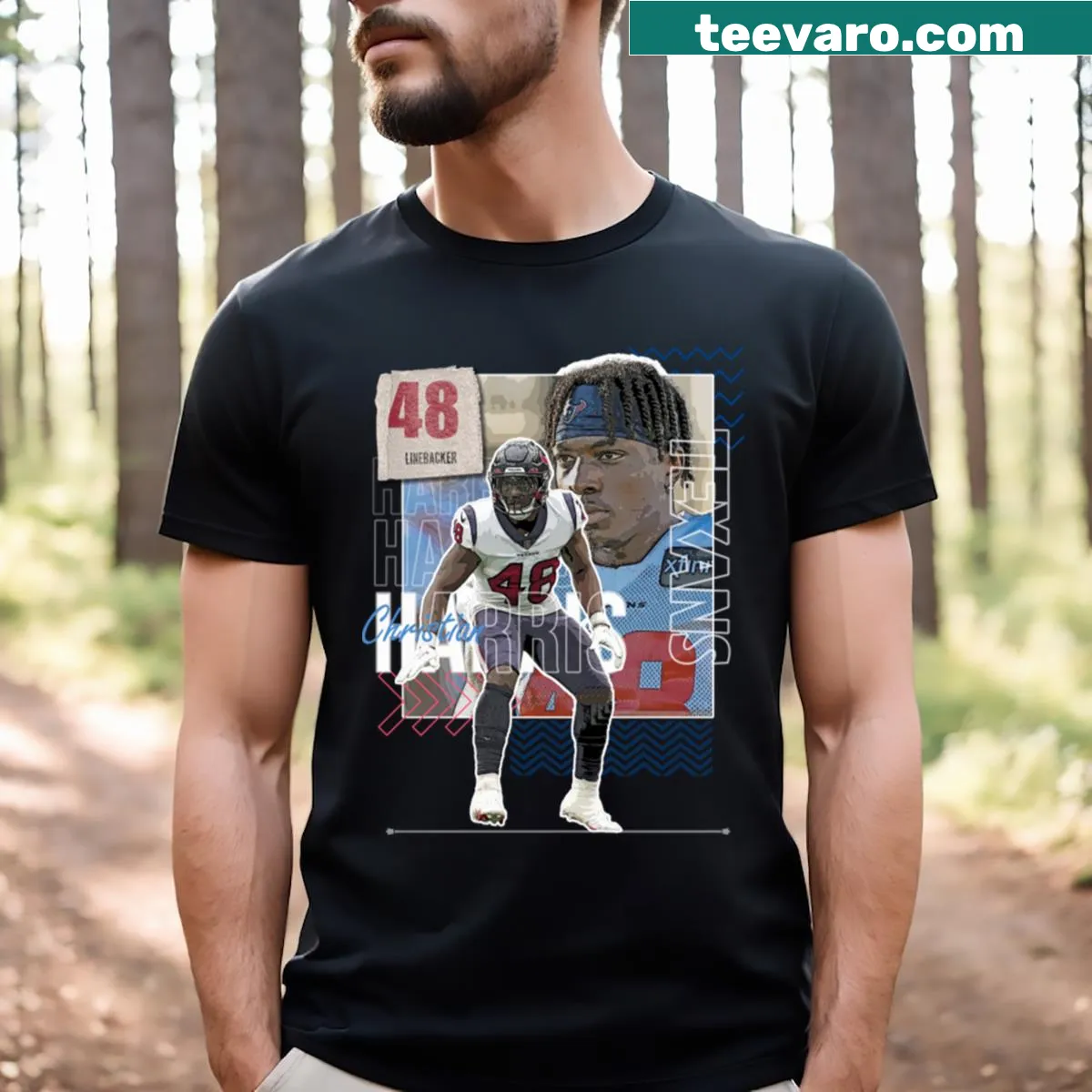 Illustration of Christian Harris on a T-shirt reminiscent of paper posters. — on a men's t-shirt