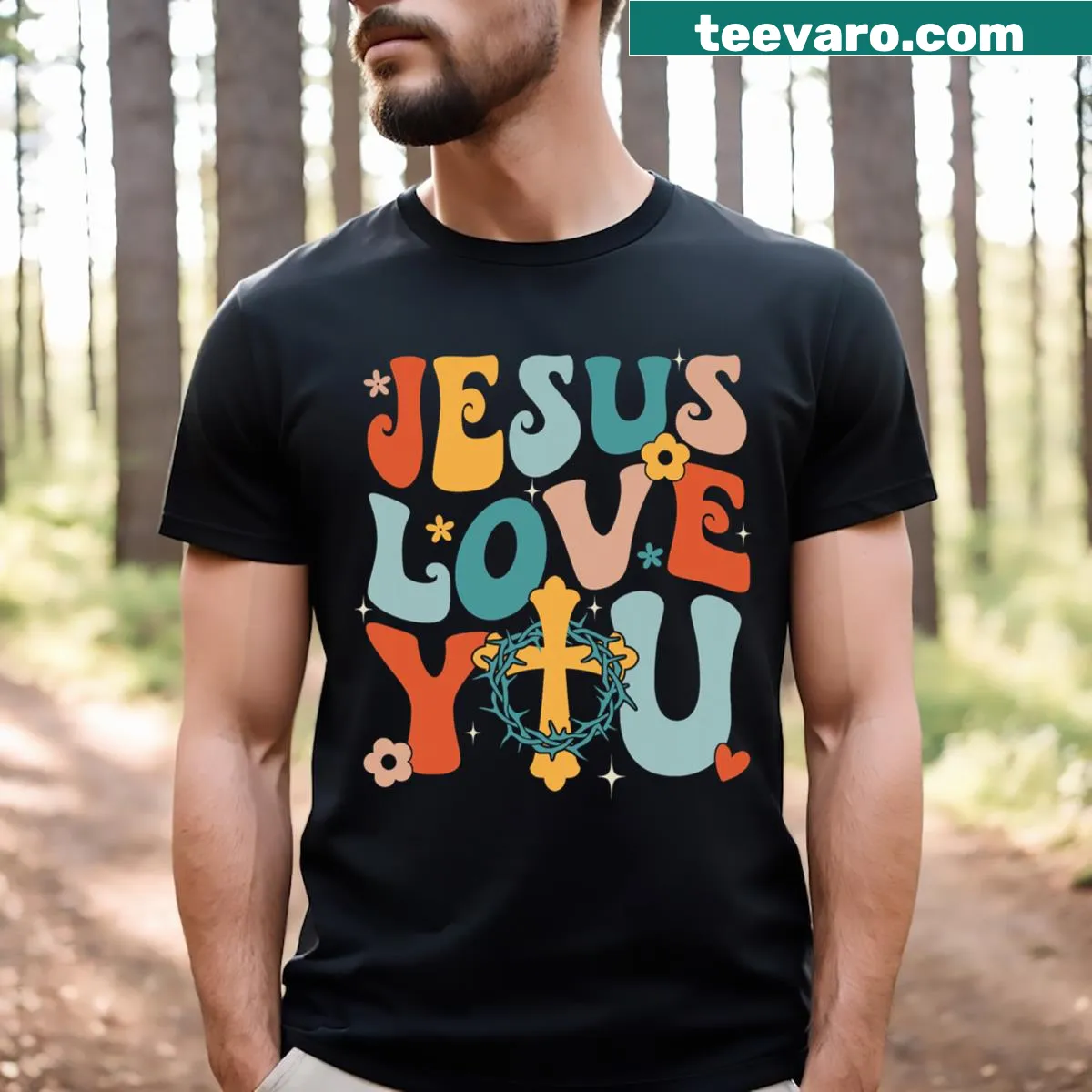 Retro T-shirt with 'Jesus Loves You' in a groovy design — on a men's t-shirt