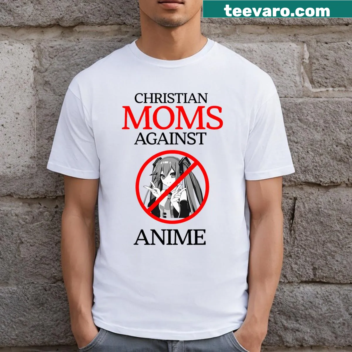 Funny T-shirt for moms featuring 'Christian Moms Against Anime' text — on a men's t-shirt