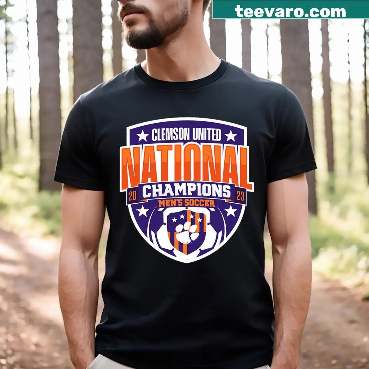 Clemson Tigers National Champs 2023 Men's Soccer T-shirt with bold graphic. — on a men's t-shirt