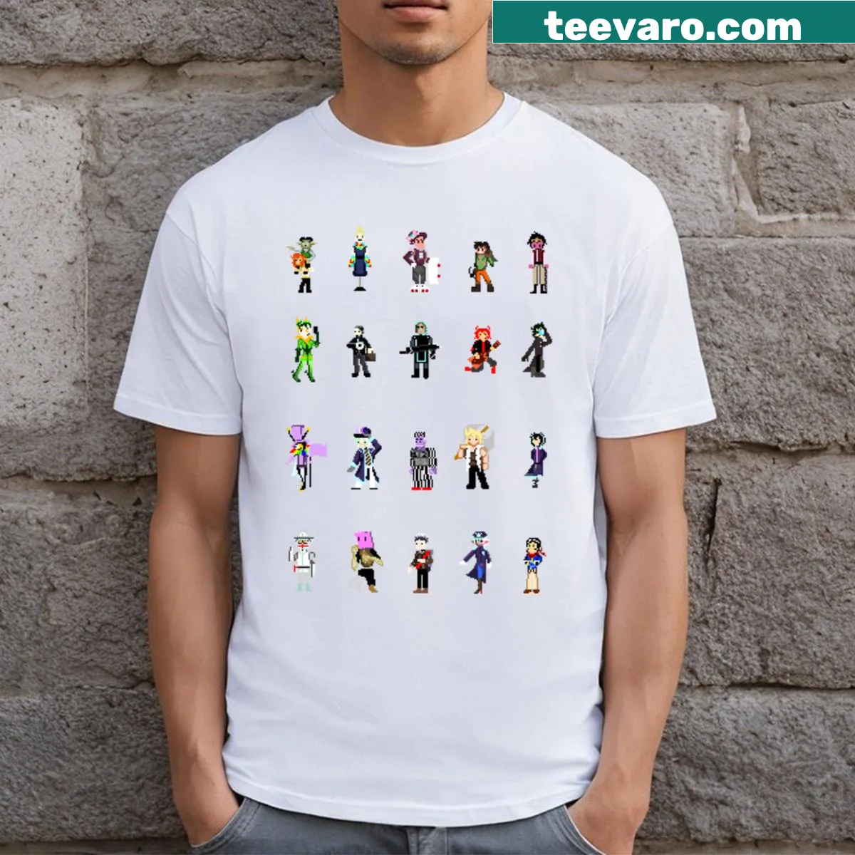 T-shirt featuring a nostalgic pixel art character set from gaming — on a men's t-shirt