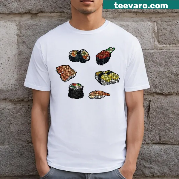 Dot art design featuring sushi pieces on a t-shirt