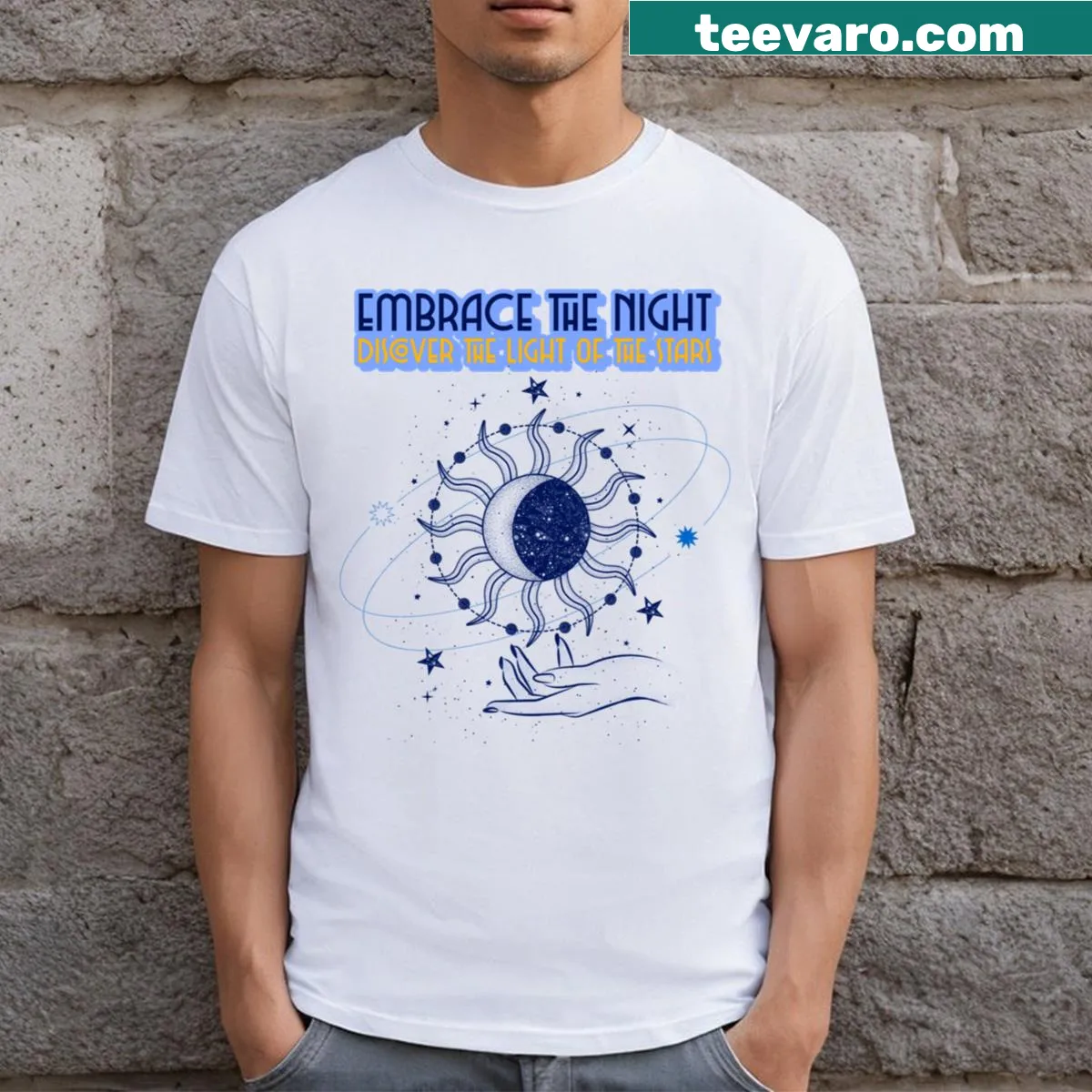 Astronomy-themed t-shirt with a celestial design and inspiring message — on a men's t-shirt