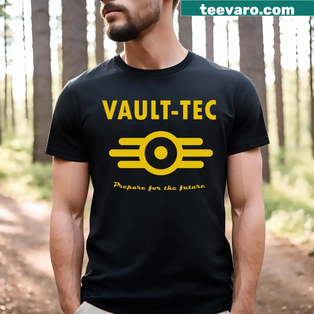 T-shirt featuring the Vaulttec logo from Fallout 4 — on a men's t-shirt