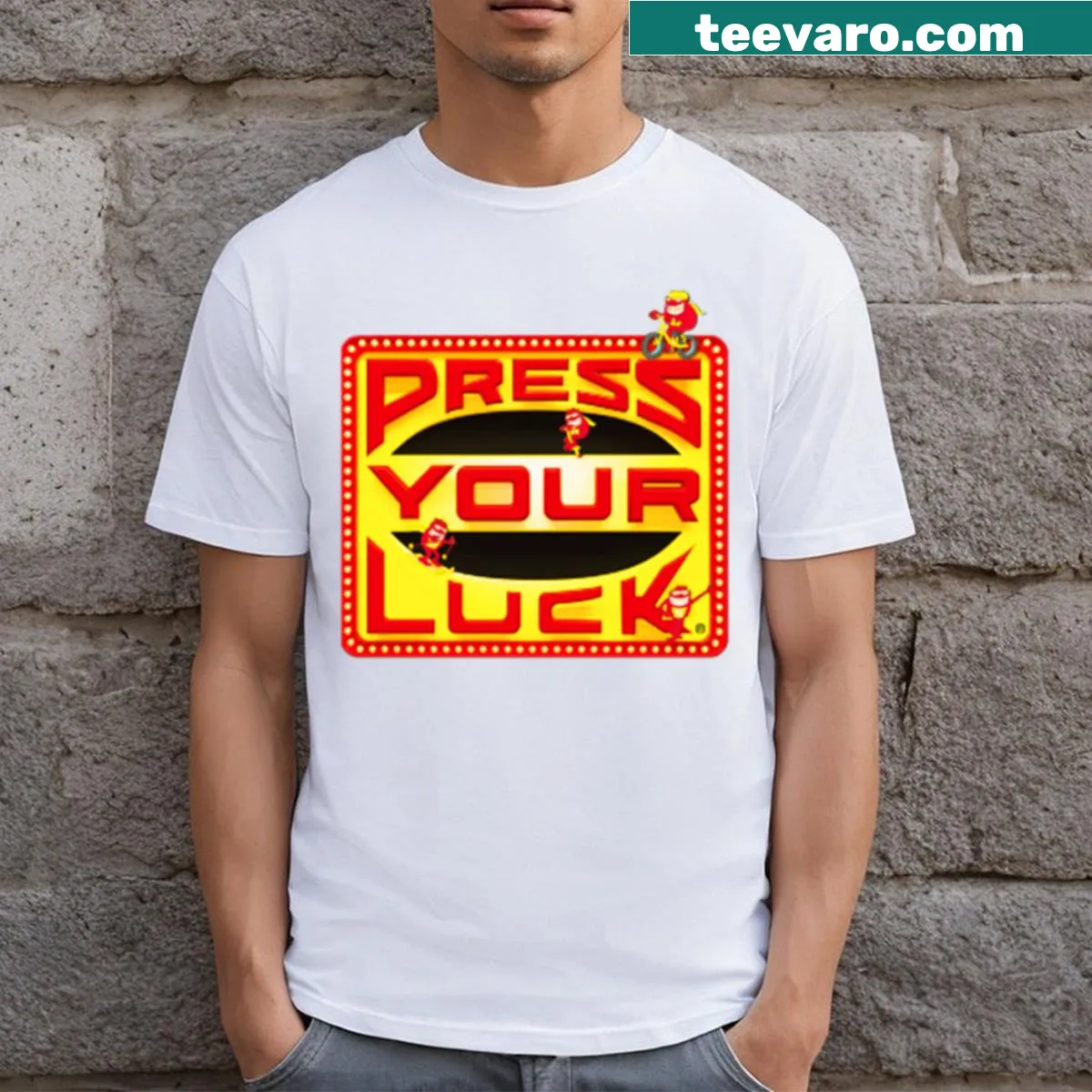 Press Your Luck logo T-shirt design — on a men's t-shirt
