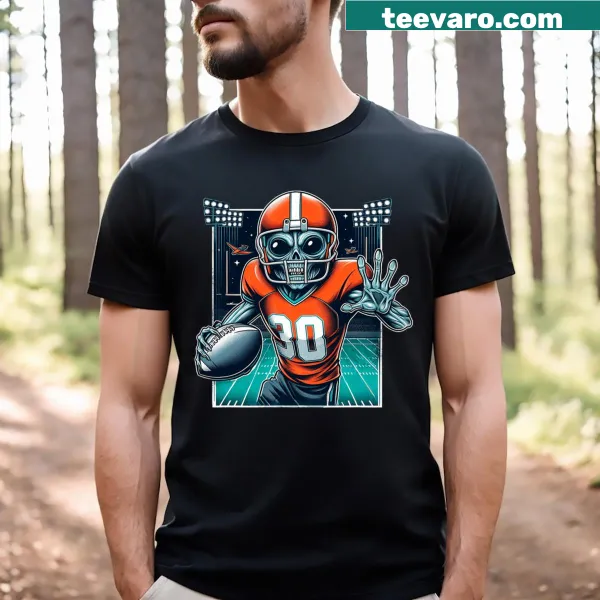 Cartoon alien playing football with UFO in the background
