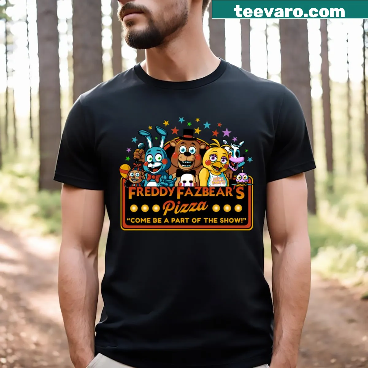 Freddy Fazbear's Pizzeria logo printed on a T-shirt — on a men's t-shirt