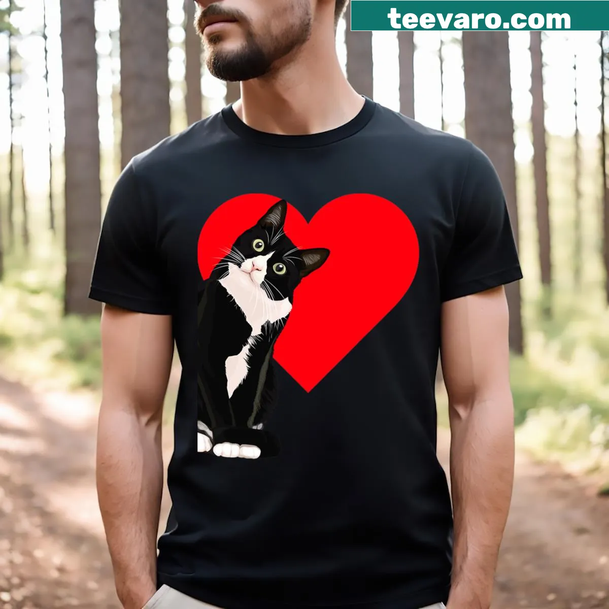 Tuxedo cat with hearts on Valentine's Day T-shirt — on a men's t-shirt