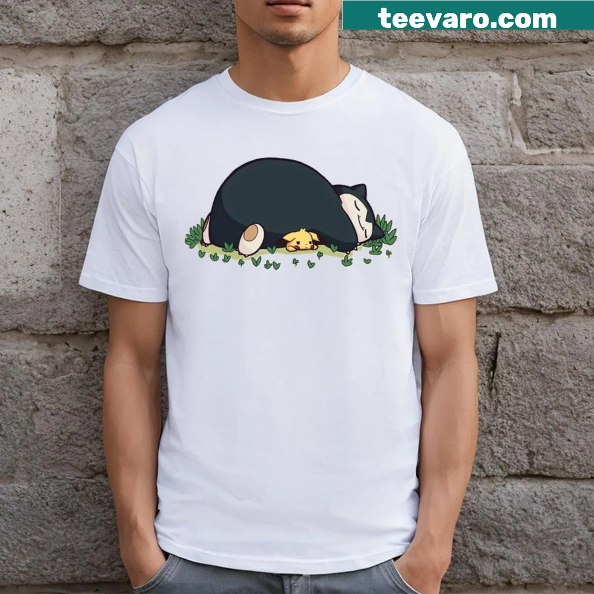 Cute cartoon Snorlax graphic T-shirt designed for anime fans — on a men's t-shirt