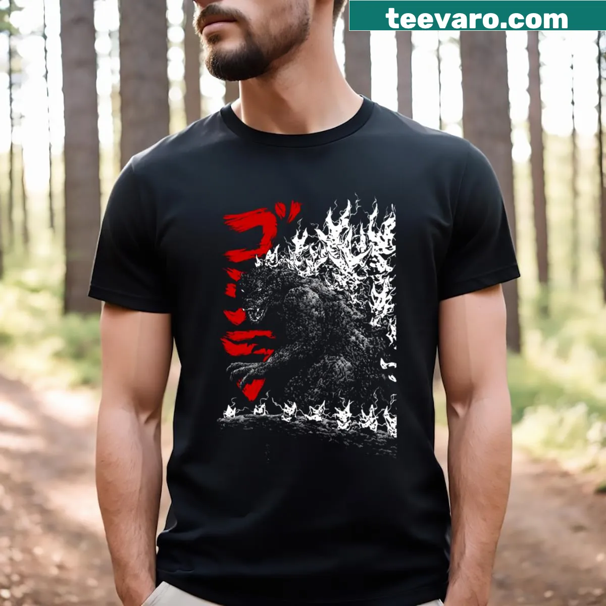 Minimalist illustration of Godzilla in a silhouette style — on a men's t-shirt
