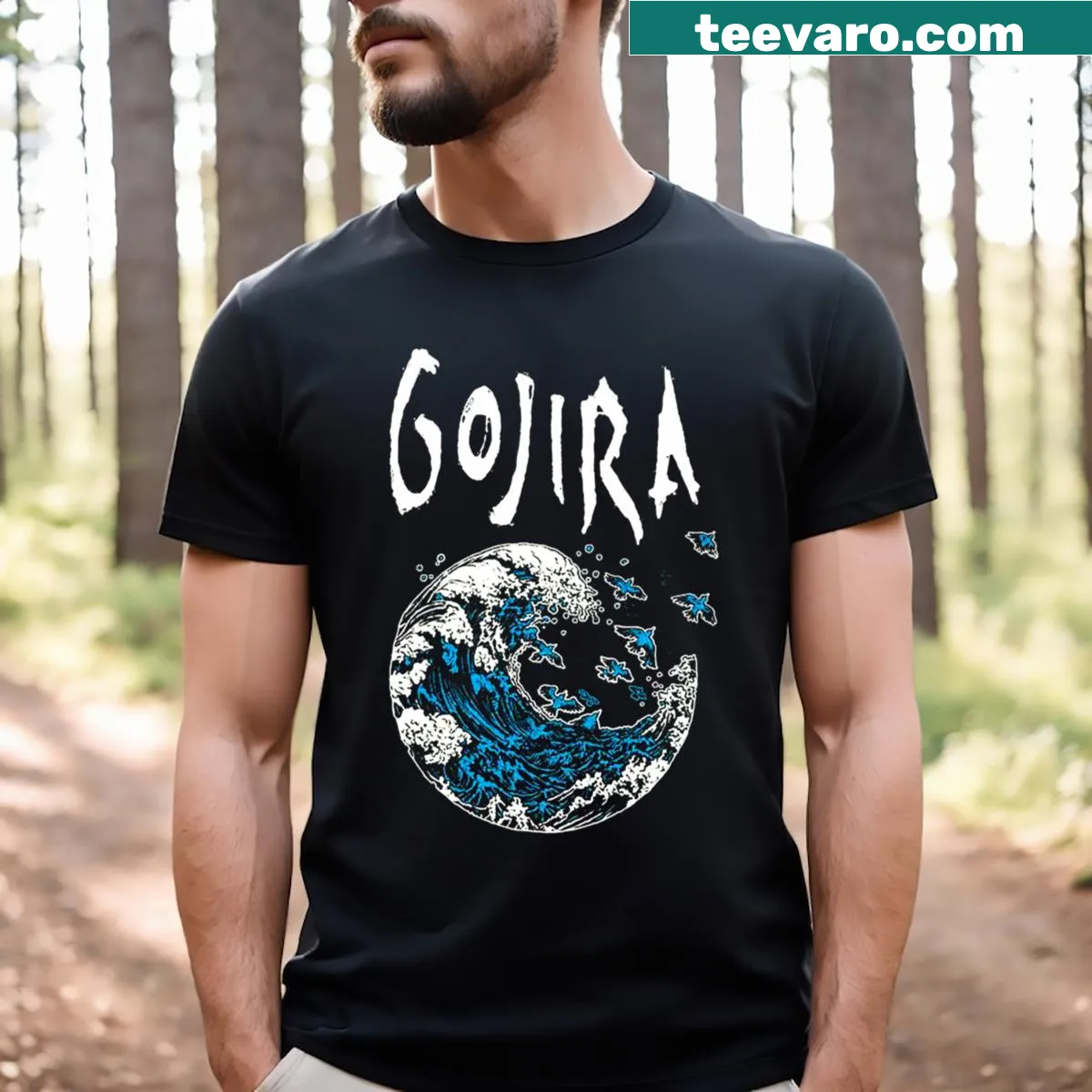T-shirt featuring the band Gojira's name in bold typography for heavy metal fans — on a men's t-shirt