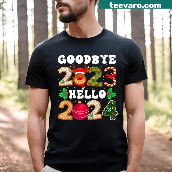 Funny New Year T-shirt with typography saying 'Goodbye 2023 Hello 2024'