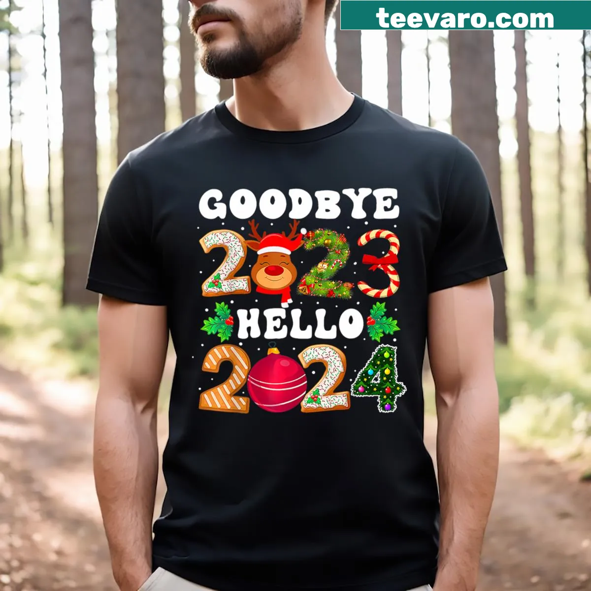 Funny New Year T-shirt with typography saying 'Goodbye 2023 Hello 2024' — on a men's t-shirt