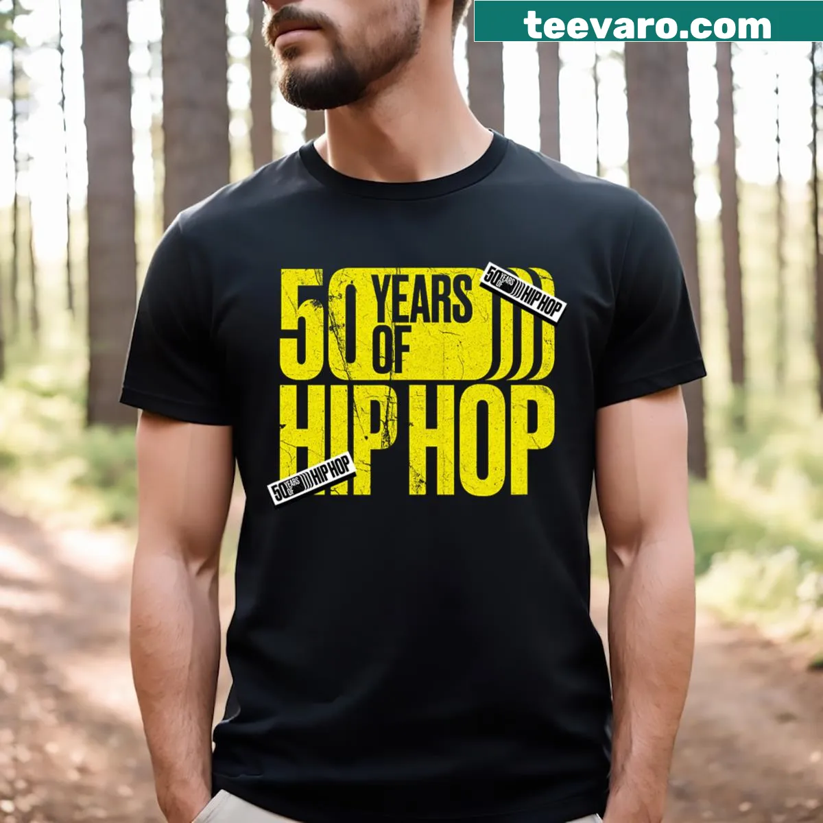 50 Years Of Hip Hop T-shirt with celebratory Grammy graphics — on a men's t-shirt