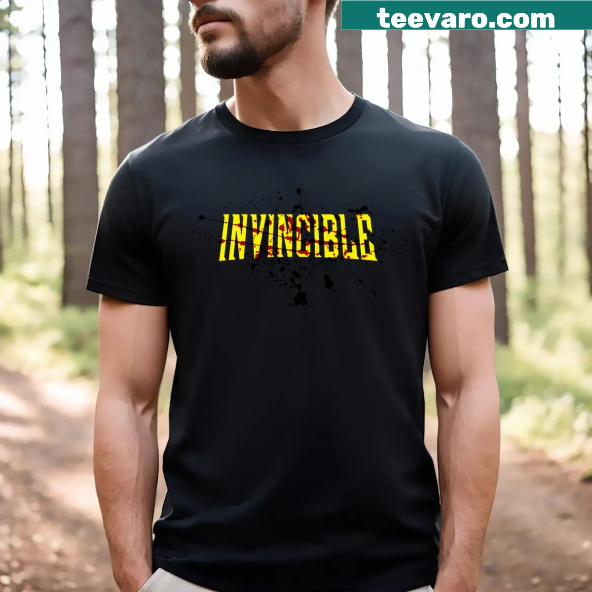 T-shirt featuring Invincible logo with blood splashes — on a men's t-shirt