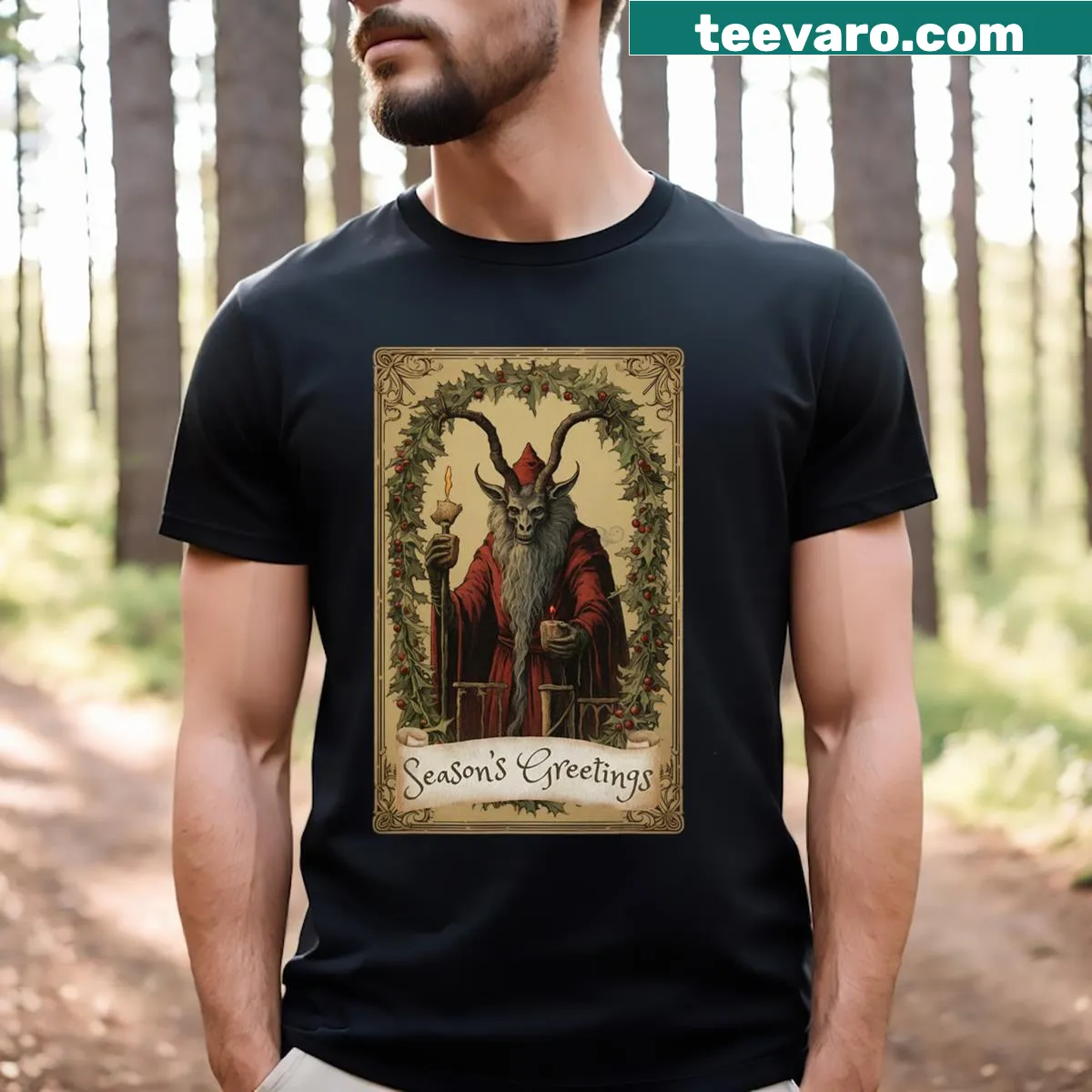Krampus tarot card design T-shirt for Christmas season — on a men's t-shirt