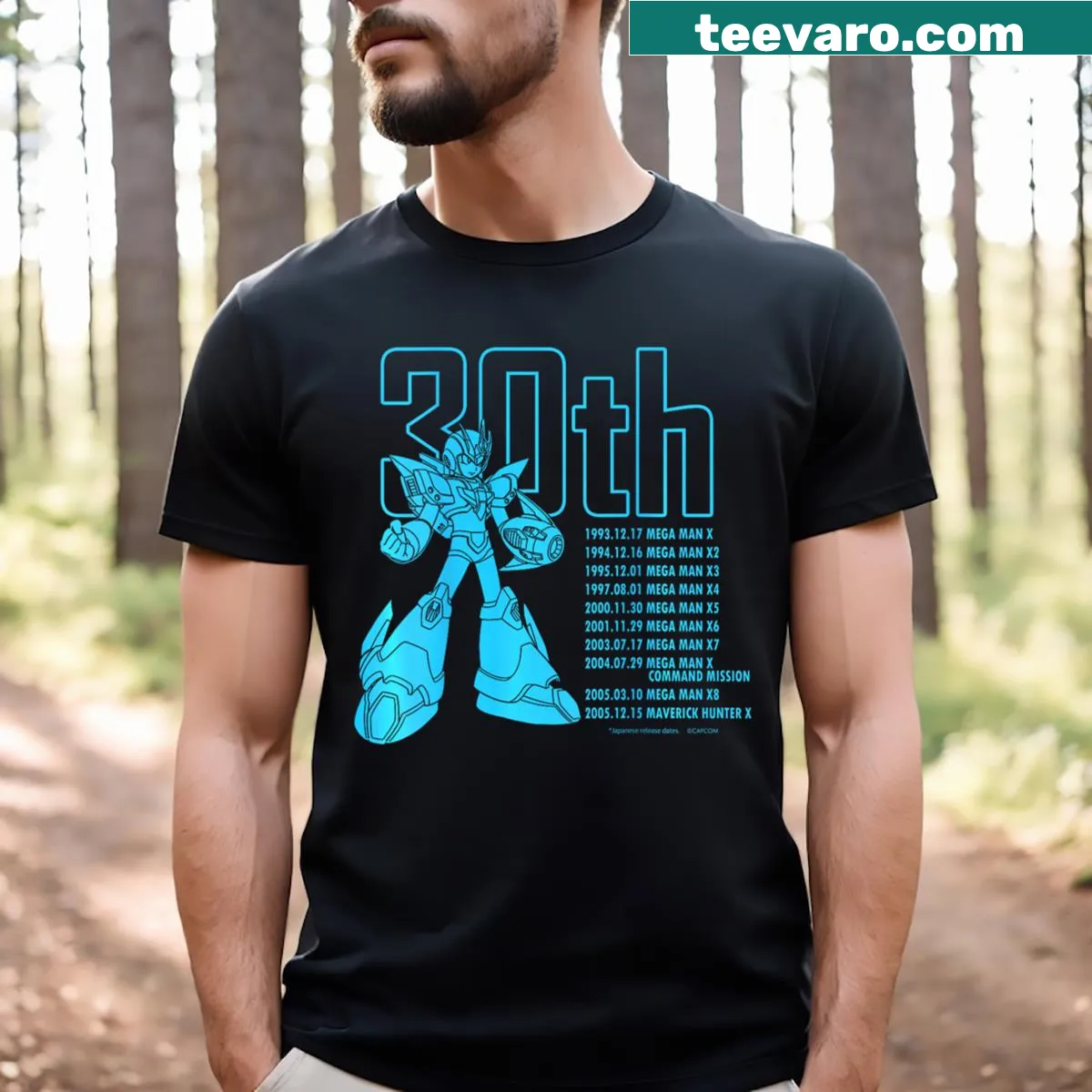 Mega Man X 30th Anniversary T-shirt featuring iconic gaming imagery — on a men's t-shirt