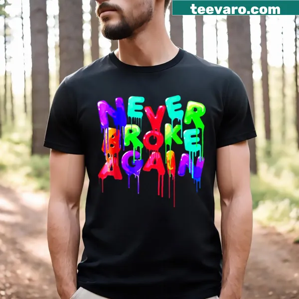 Navy black t-shirt featuring 'Never Broke Again' slogan logo