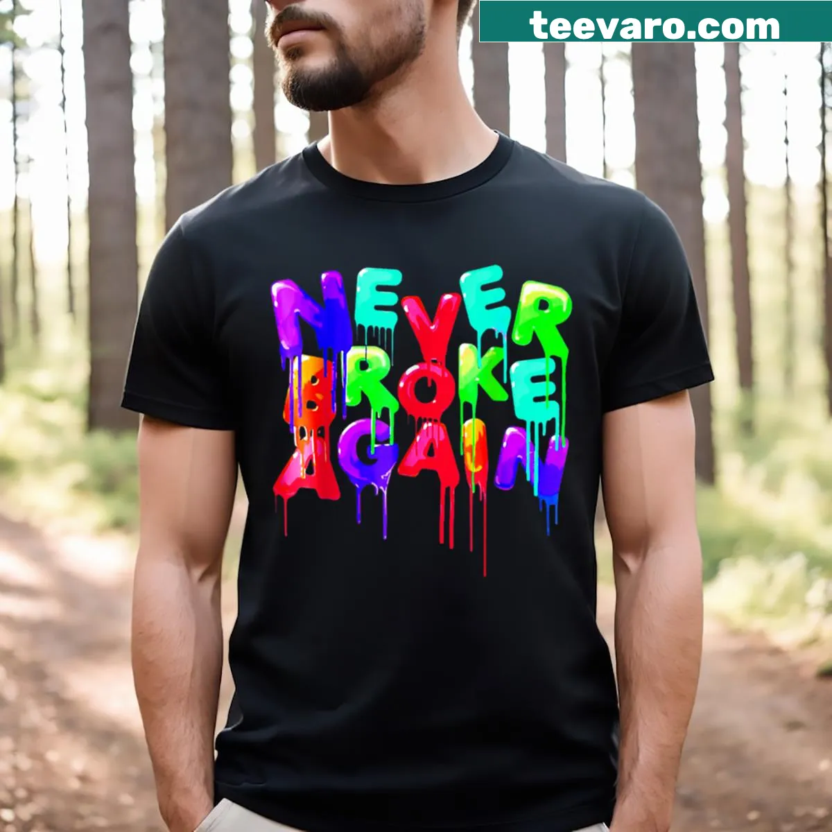 Navy black t-shirt featuring 'Never Broke Again' slogan logo — on a men's t-shirt